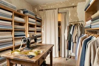 Intérieur d'une retoucherie artisanale dans les Hauts-de-France avec tissus, machine à coudre vintage et vêtements sur portant