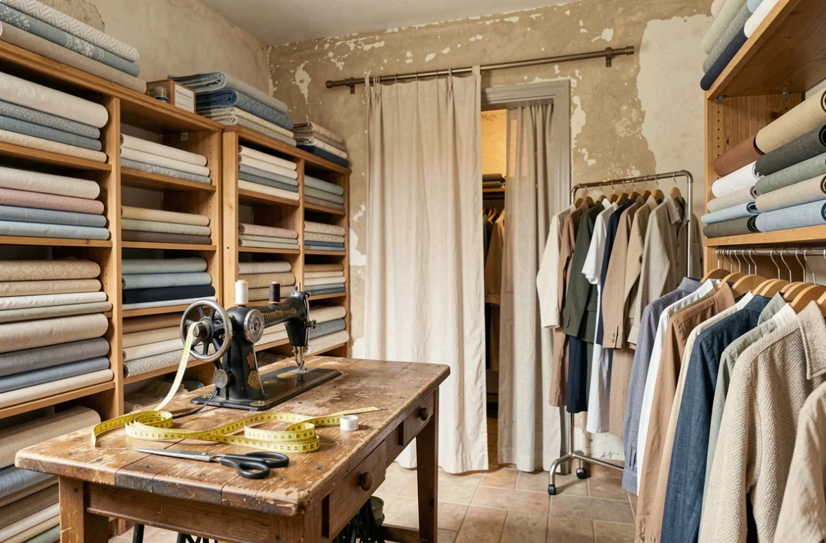 Intérieur d'une retoucherie artisanale dans les Hauts-de-France avec tissus, machine à coudre vintage et vêtements sur portant