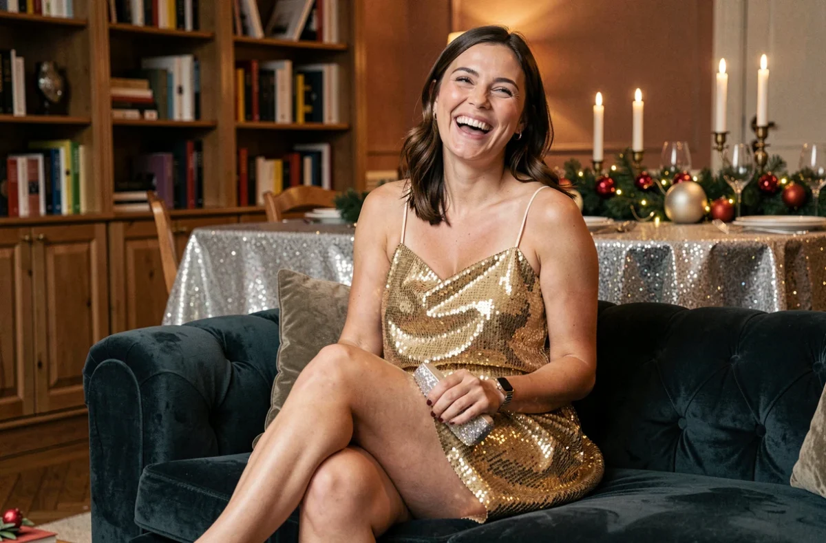 Femme assise en robe courte pailletée dorée dans un appartement parisien décoré pour le réveillon