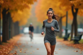 Femme portant une courte robe de sport grise avec short intégré en train de courir dans un parc en automne