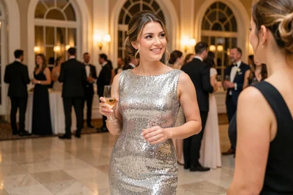 Femme en robe de soirée pailletée argentée longue dans un salon de bal élégant pour le Nouvel An