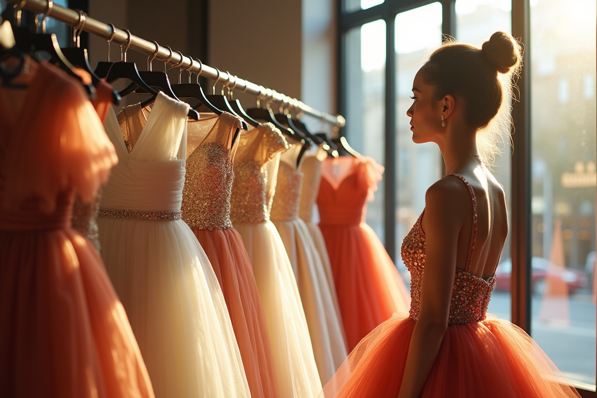 Robes de couture élégantes en vitrine avec célébrité regardant