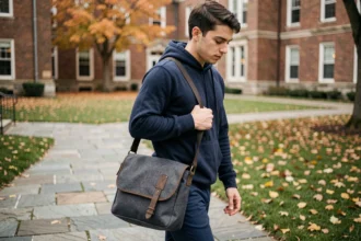 Étudiant portant une sacoche en tissu canvas sur un campus universitaire en automne