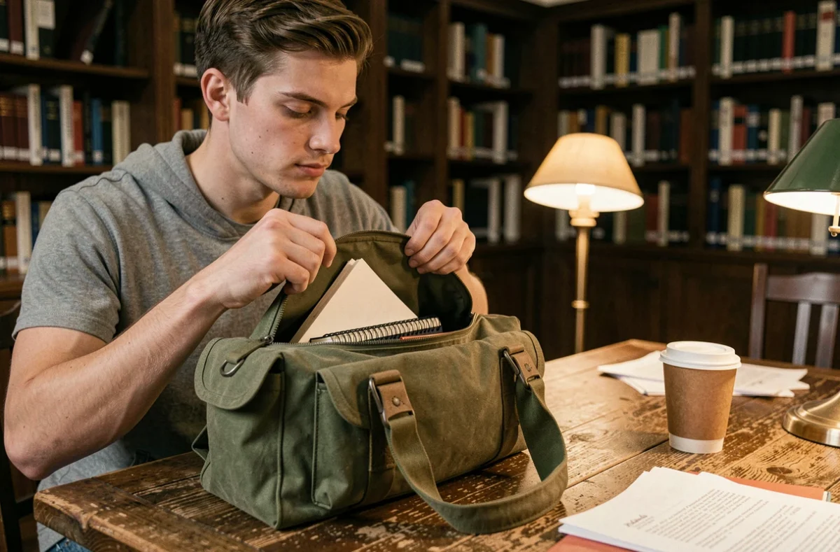 Étudiant ouvrant sa sacoche en tissu vert à l'intérieur d'une bibliothèque universitaire