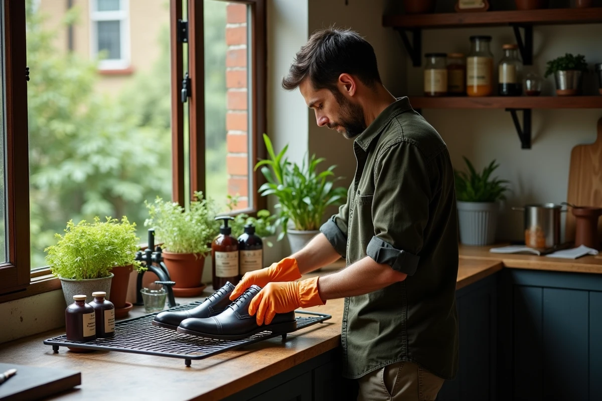 Homme plaçant des chaussures en cuir teintes de manière écologique sur un séchoir près d'une fenêtre avec des produits biodégradables sur le plan de travail