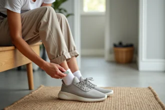 Femme insérant une semelle gel dans une chaussure trop grande pour améliorer le confort