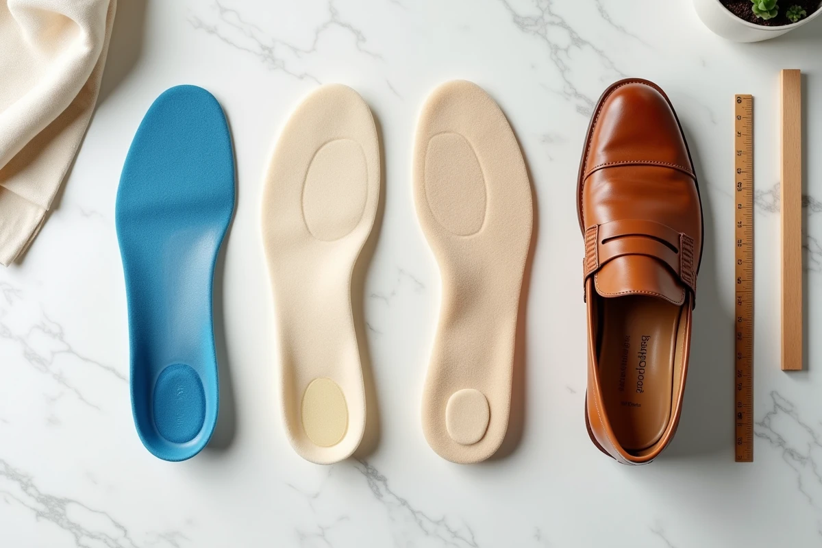 Vue de dessus de trois semelles gel, mousse et cuir posées à côté d'une chaussure trop grande sur marbre blanc
