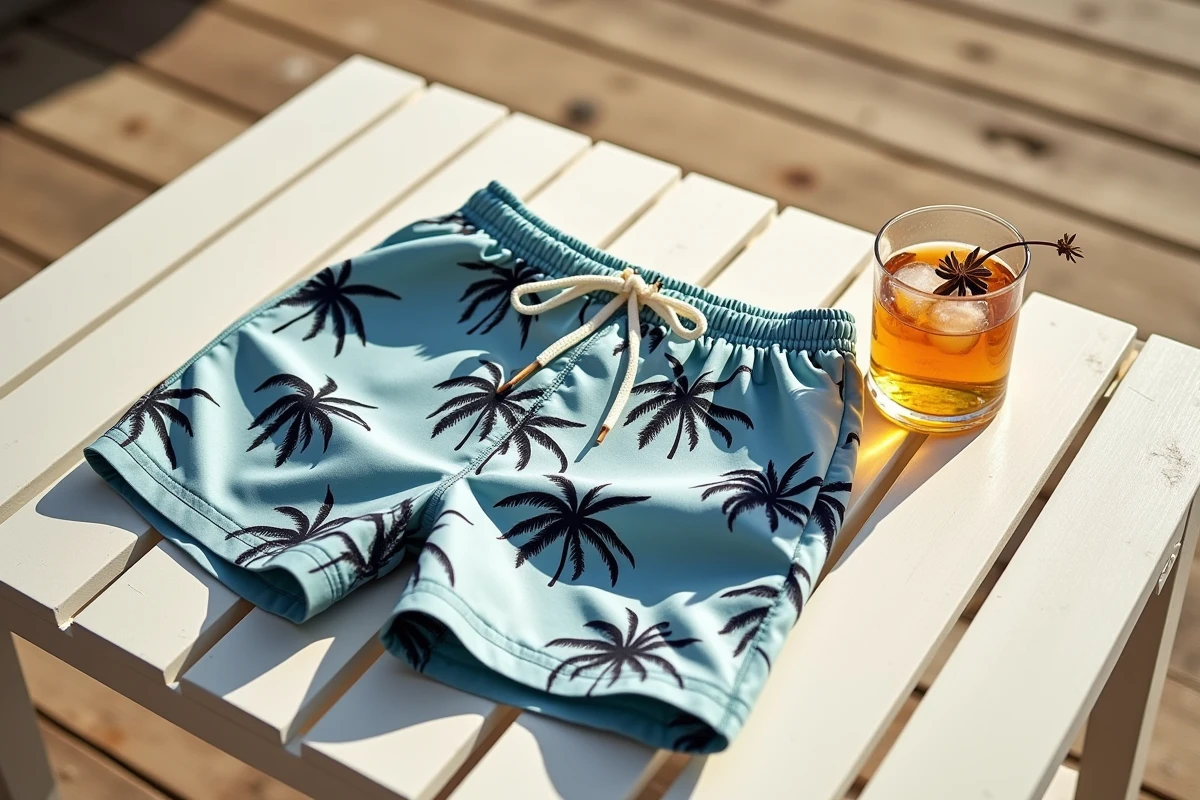 Short de bain Ricard plié en gros plan avec verre de pastis sur table en bois à la plage