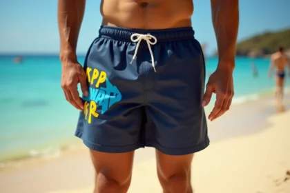 Homme portant un short de bain Ricard bleu marine sur une plage méditerranéenne ensoleillée