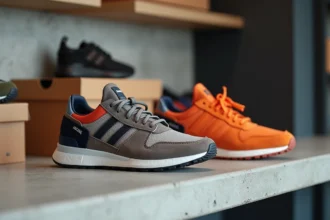 Paire de sneakers exclusives en édition limitée exposée sur une étagère en béton dans une boutique Snatch à Lorient