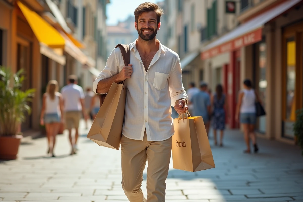 Homme portant des sacs de shopping lors des soldes d'été dans une rue commerçante animée en France