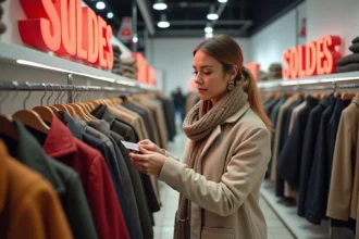 Femme faisant du shopping pendant les soldes d'hiver dans un magasin de vêtements avec panneaux rouges de promotions