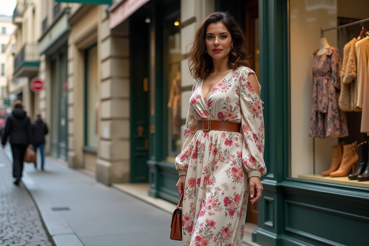Femme ronde en robe fleurie mi-longue posant devant une vitrine de mode curvy dans une rue pavée de Paris