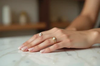 Deux bagues côte à côte en or blanc et or jaune posées sur des mains féminines élégantes dans un atelier joaillier