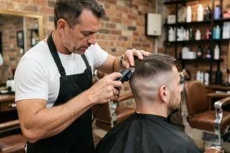 Barbier réalisant un taper fade coupe casquette à la tondeuse sur un client dans un salon de coiffure moderne