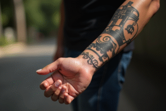 Bras d'homme avec tatouages temporaires noirs en plein jour