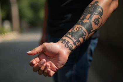 Bras d'homme avec tatouages temporaires noirs en plein jour