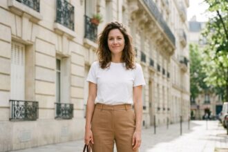 Femme élégante portant un tee-shirt blanc bien ajusté avec un pantalon tailleur camel dans une rue parisienne