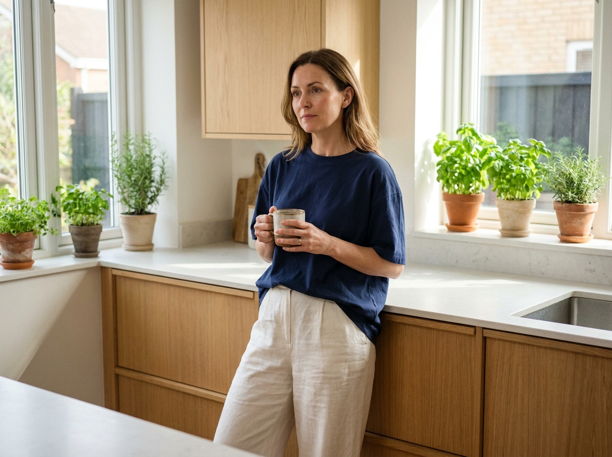 Femme élégante en tee-shirt marine oversized dans une cuisine scandinave moderne tenant une tasse de café