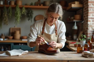 Femme artisane appliquant une teinture écologique sur une chaussure en cuir avec un pinceau en fibres naturelles dans un atelier artisanal