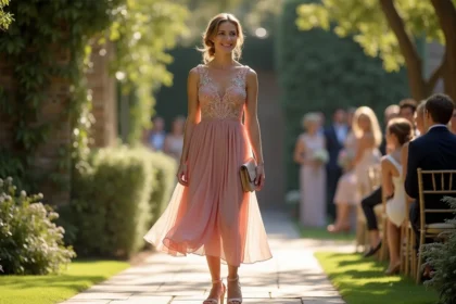 Femme invitée à un mariage portant une robe midi florale rose poudré dans un jardin élégant