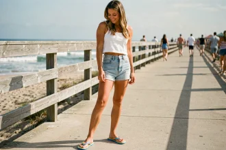 Jeune femme portant des tongs poisson colorées sur une promenade en bord de mer en été