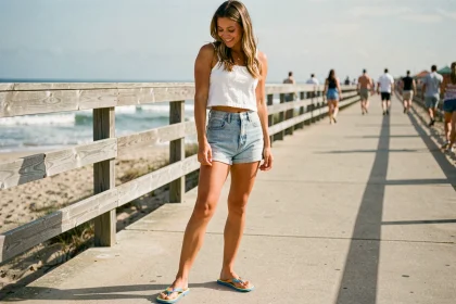 Jeune femme portant des tongs poisson colorées sur une promenade en bord de mer en été