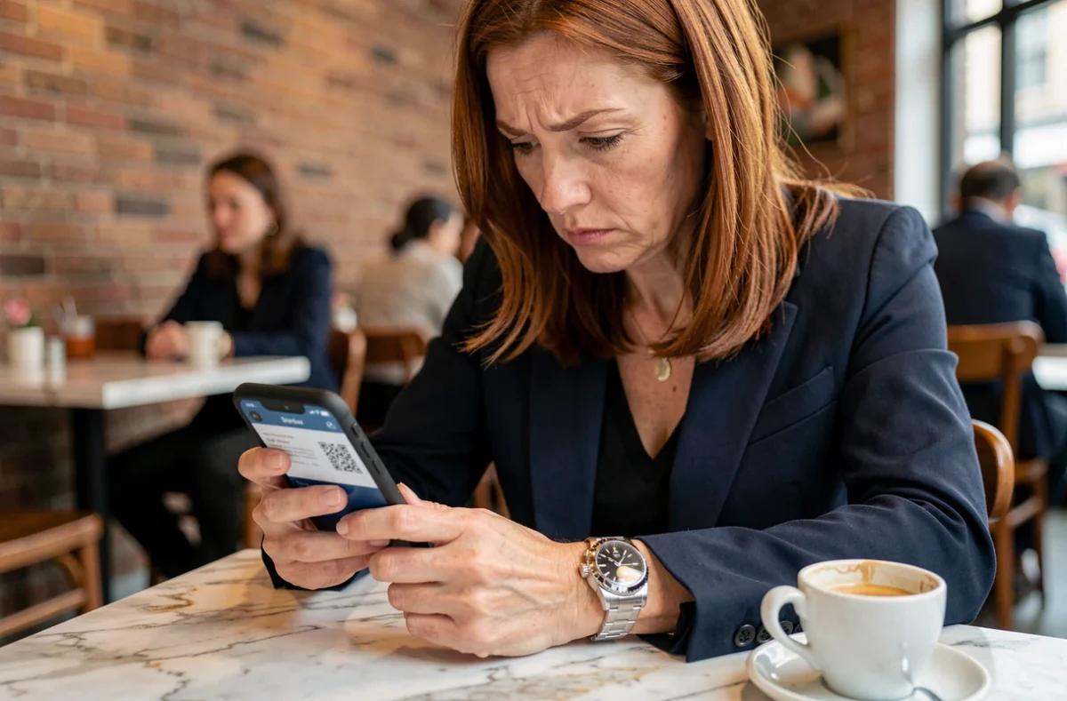 Femme vérifiant l'authenticité d'une montre de luxe avec son smartphone dans un café