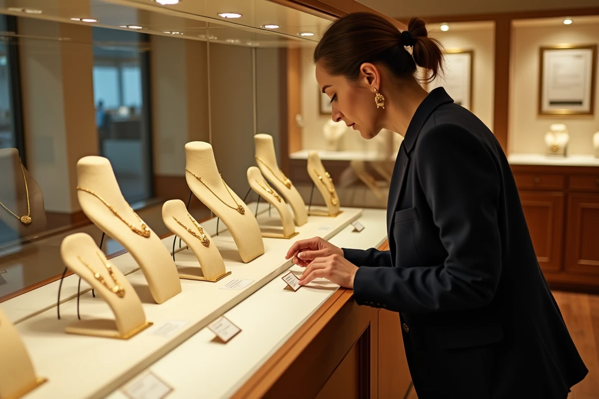 Femme examinant des bijoux en plaqué or dans une vitrine de bijouterie avec étiquettes descriptives et certifications visibles